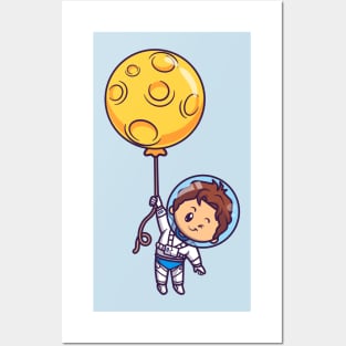 Cute Boy Astronaut Floating With Moon Balloon Posters and Art